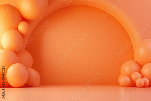 Modern orange birthday backdrop with spheres and copy space.