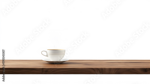 Steaming coffee cup resting on polish brown wooden counter, capturing sharp surface details and rich morning aroma, perfectly isolated on white background for cafe, breakfast, or rustic kitchen themes photo