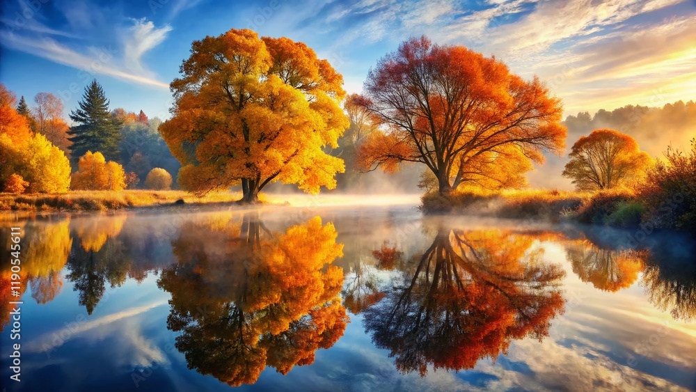 Obraz premium Double Exposure: Autumn Trees Reflected in Calm River - Serene Fall Landscape Photography