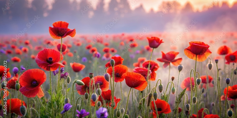 Obraz premium A sea of vibrant red poppies swaying gently in the morning mist, with delicate purple flowers peeking through the foggy veil , blooming flowers, nature scenery
