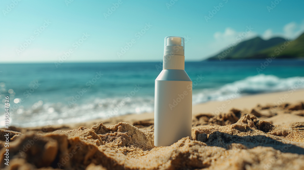 Sunscreen bottle on the beach with ocean waves, sand, and sunshine in an outdoor setting Sunscreen bottle on the beach with ocean waves, sand, and sunshine in an outdoor setting