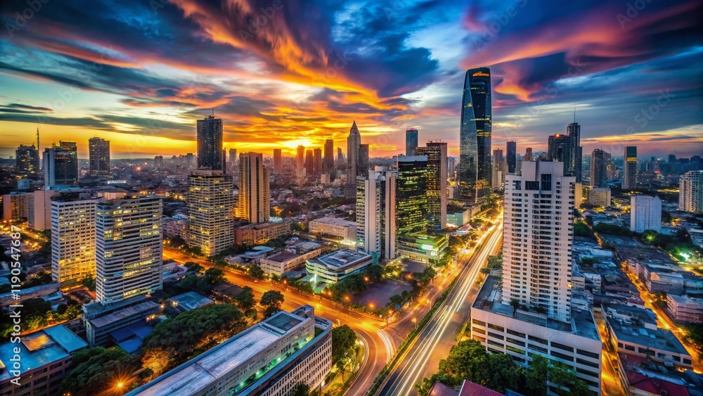 Fototapeta premium Bangkok Twilight Skyline: Aerial View of Modern Commercial Buildings, Thailand