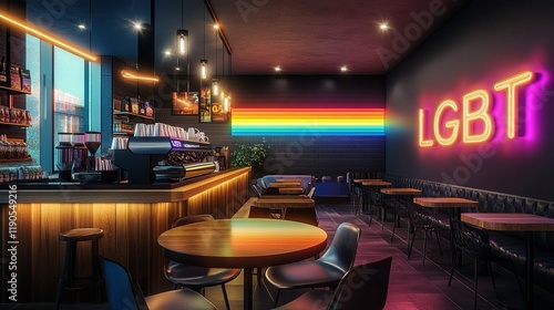 Modern Coffee Shop with Rainbow-Themed Decor and Neon 'LGBT' Lights on the Wall photo