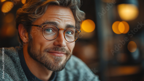 Portrait photo of a handsome middle-aged man. Warm soft light.