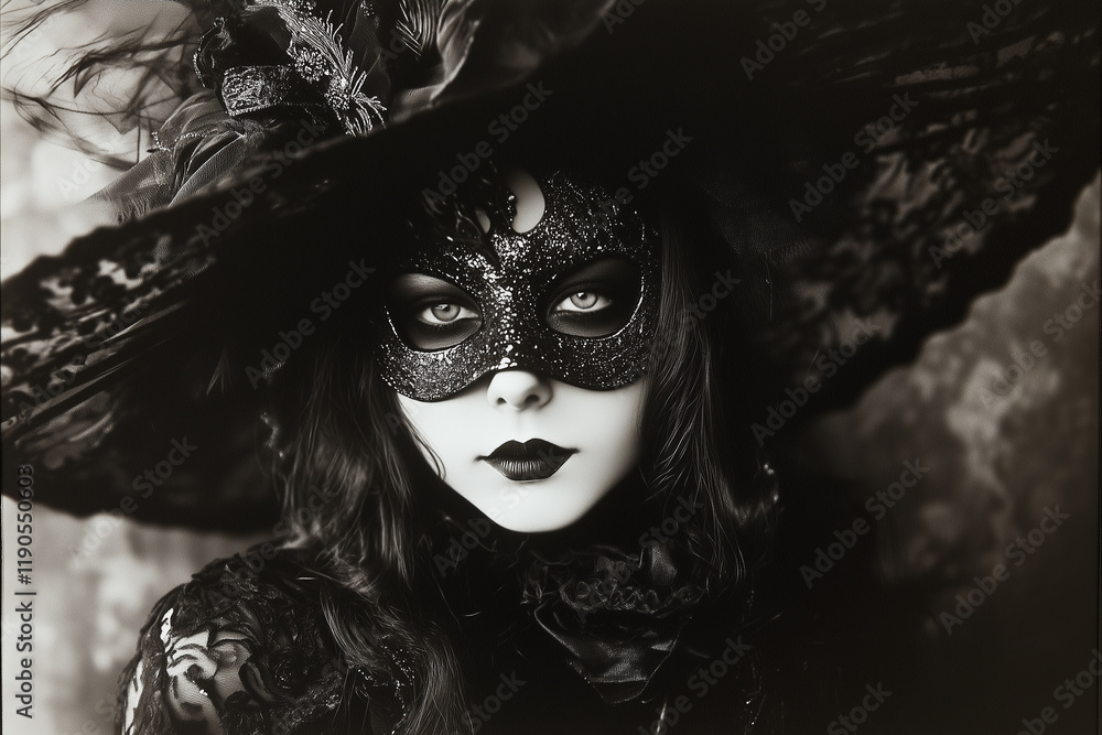 Close-up portrait of a woman in a mask, carnival costume and a hat. Mask with feathers and decor. Venice Carnival. Black and white vintage photo. Gothic mystical atmosphere. Close-up portrait of a woman in a mask, carnival costume and a hat. Mask with feathers and decor. Venice Carnival. Black and white vintage photo. Gothic mystical atmosphere.