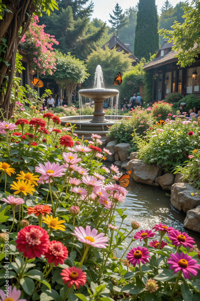 Obraz premium Serene Garden Scene with Colorful Flowers and Fountain Display