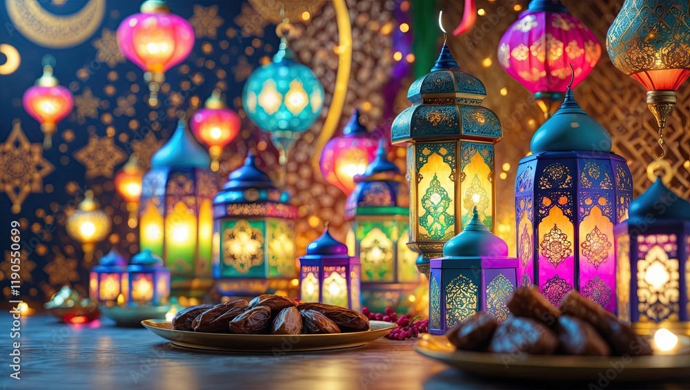 Naklejka premium Eid Al-Fitr decorations, featuring a stunning lantern and delicious food