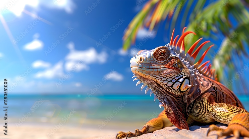 Obraz premium A close-up of a colorful iguana basking on a sandy beach against a backdrop of a vibrant tropical scene.