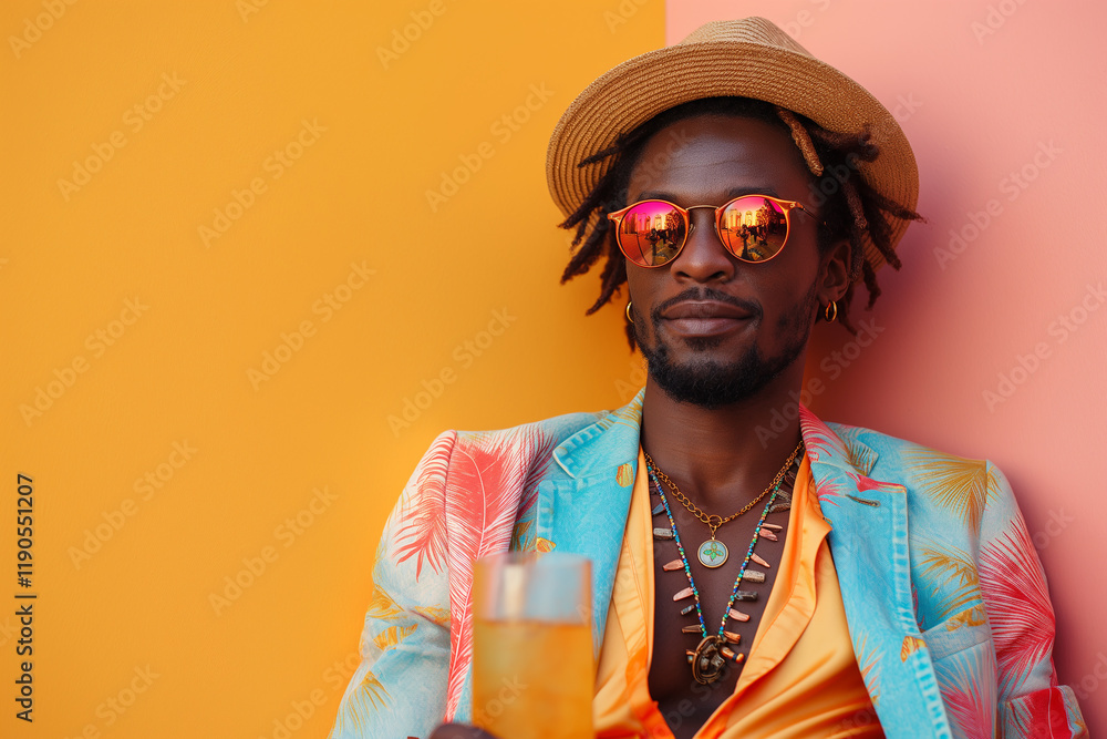 Stylish man with sunglasses and hat enjoying tropical drink, showcasing summer fashion in colorful setting Stylish man with sunglasses and hat enjoying tropical drink, showcasing summer fashion in colorful setting