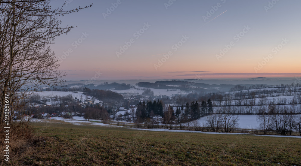 Frosty view after sunset in Roprachtice village in Krkonose mountains Frosty view after sunset in Roprachtice village in Krkonose mountains