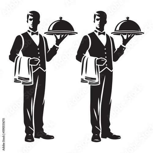 Waiter Silhouette Vector Illustration, Solid White Background.