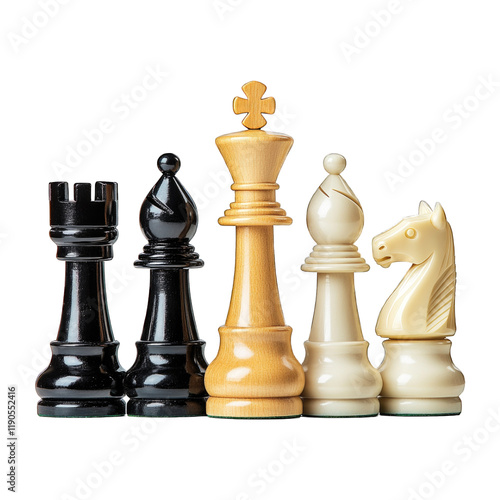 Set of chess pieces including a black rook, black pawn, white king, white knight, and white bishop isolated on transparent background, PNG photo