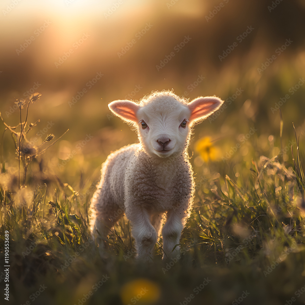 Adorable lamb in a sun-drenched field. Golden hour light illuminates its fluffy white coat. Adorable lamb in a sun-drenched field. Golden hour light illuminates its fluffy white coat.