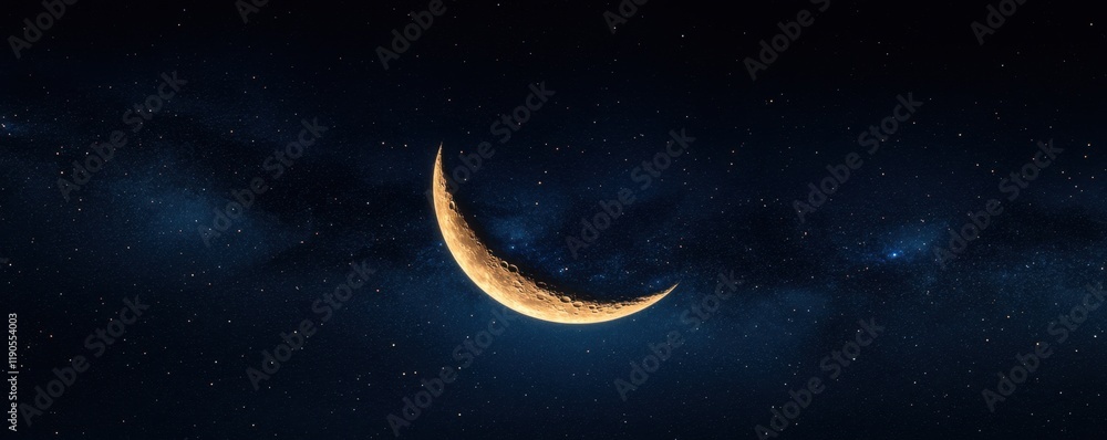Ethereal beams piercing the starlit void, a crescent moon glowing amidst a sea of radiant stars Ethereal beams piercing the starlit void, a crescent moon glowing amidst a sea of radiant stars