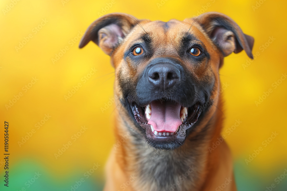 Smiling happy brown dog with ears up against a yellow background in a cute pet portrait Smiling happy brown dog with ears up against a yellow background in a cute pet portrait
