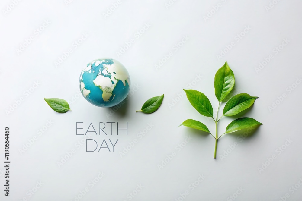 Earth Day Minimalist Design: Green Leaf & Planet on White Background Earth Day Minimalist Design: Green Leaf & Planet on White Background