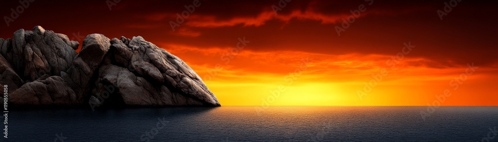 Fiery Sunset over Coastal Rocks: A dramatic sunset paints the sky in fiery hues of orange and red, casting a warm glow over dark, rugged rocks that jut out from the calm sea. Fiery Sunset over Coastal Rocks: A dramatic sunset paints the sky in fiery hues of orange and red, casting a warm glow over dark, rugged rocks that jut out from the calm sea.