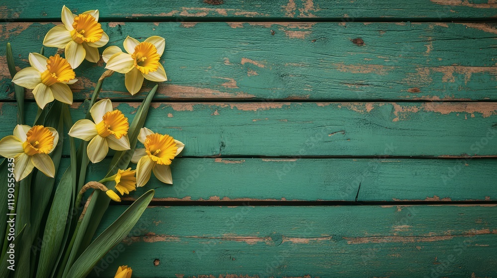 The textured surface of the table adds a rustic charm, complementing the flowers' delicate stems and fresh green leaves The textured surface of the table adds a rustic charm, complementing the flowers' delicate stems and fresh green leaves