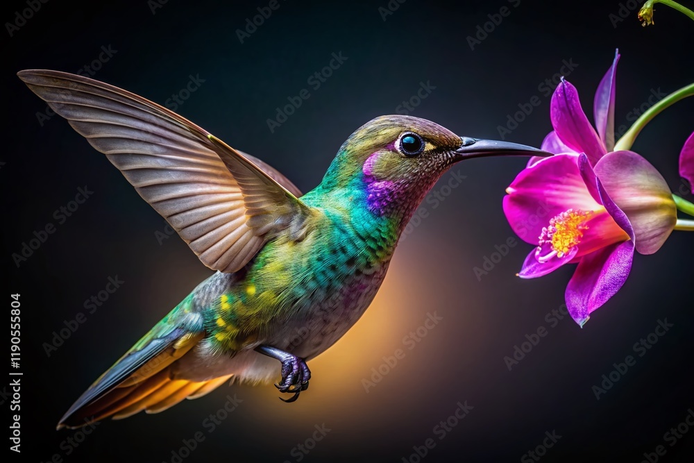 Fototapeta premium Bioluminescent Orchid & Iridescent Hummingbird: Exquisite Macro Stock Photo