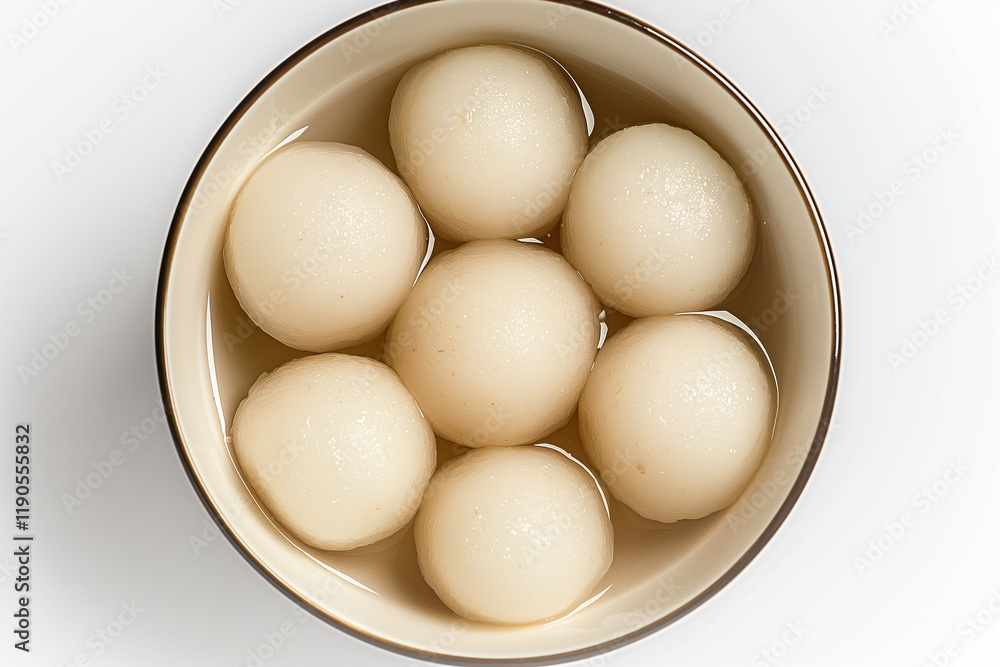 Delicious sweet dessert with white round balls in a bowl of traditional asian dish