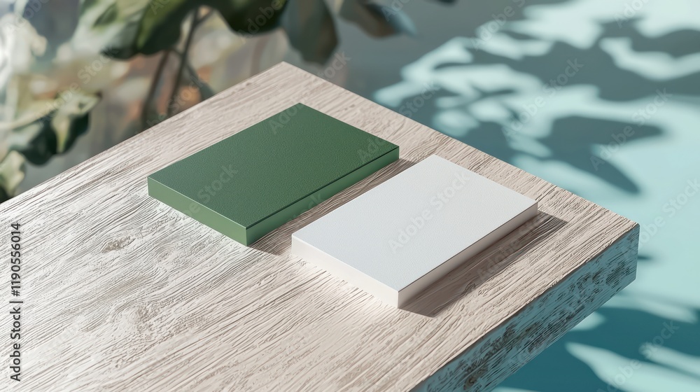 Business card mockup featuring green and white cards on a textured birchwood table, set against a soft cyan background