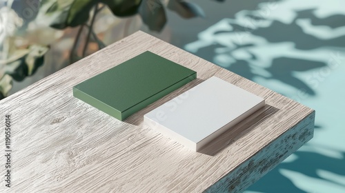 Obraz na płótnie Business card mockup featuring green and white cards on a textured birchwood table, set against a soft cyan background w salonie