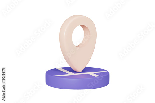 3D Location pin map element. Navigation point. Beige marker on purple place. GPS navigator. City street roads. Mobile app. Cartoon design icon isolated on white. 3D Vector illustration