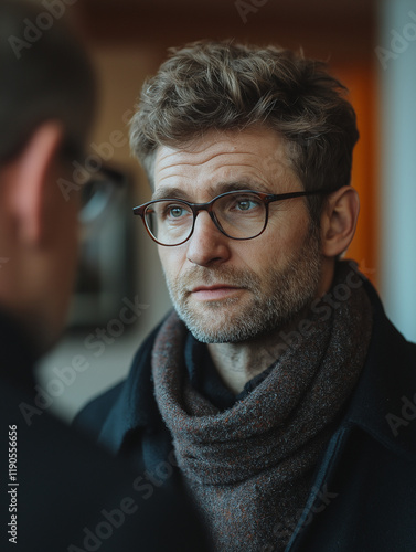 A man talking to a man. At a psychotherapist's. A man in a psychologist's office.