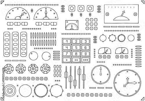 Panel with various buttons, levers, displays, monometers, sliders, indicators. Hand Drawn. Freehand drawing. Doodle. Sketch. Outline.	