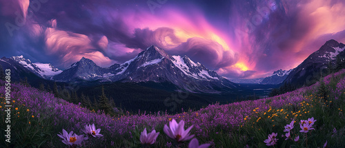 Majestic purple aurora over snowcapped mountains and vibrant wildflowers photo