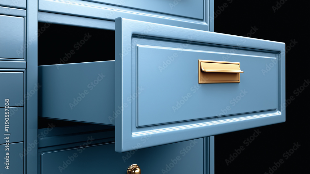 Blue Drawer Opened: A single drawer of a classic blue dresser opens revealing its inner space, a glimpse of hidden potential and untold stories. Blue Drawer Opened: A single drawer of a classic blue dresser opens revealing its inner space, a glimpse of hidden potential and untold stories.