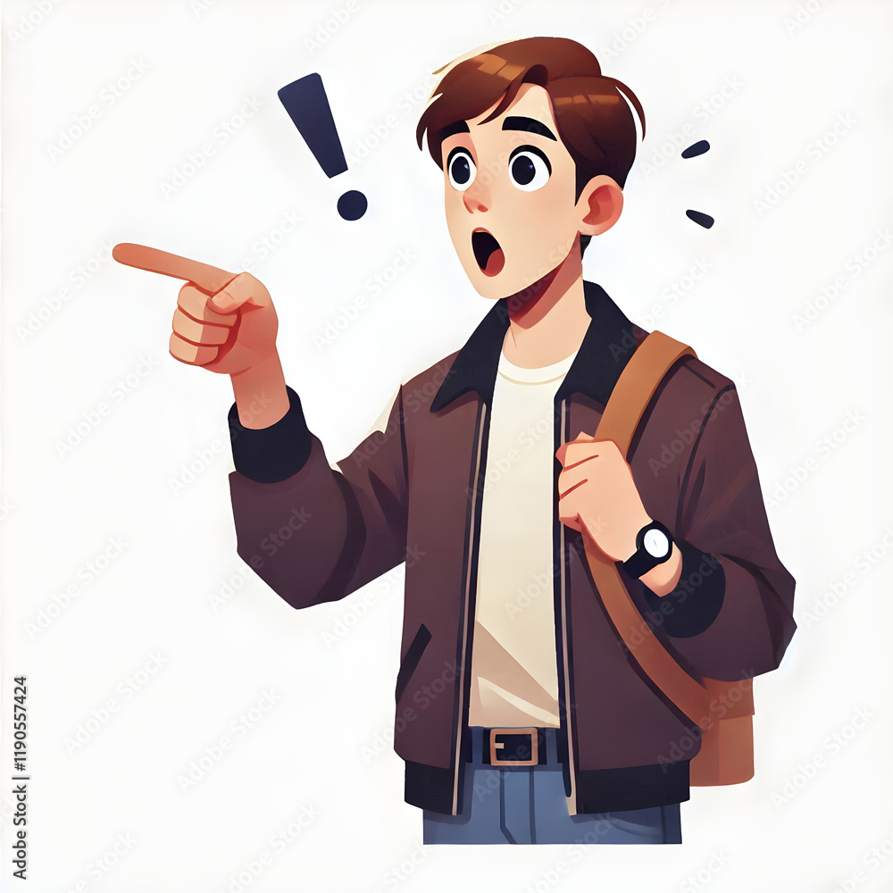Young man with a messenger bag pointing his finger at something surprising with exclamation mark, flat design illustration Young man with a messenger bag pointing his finger at something surprising with exclamation mark, flat design illustration