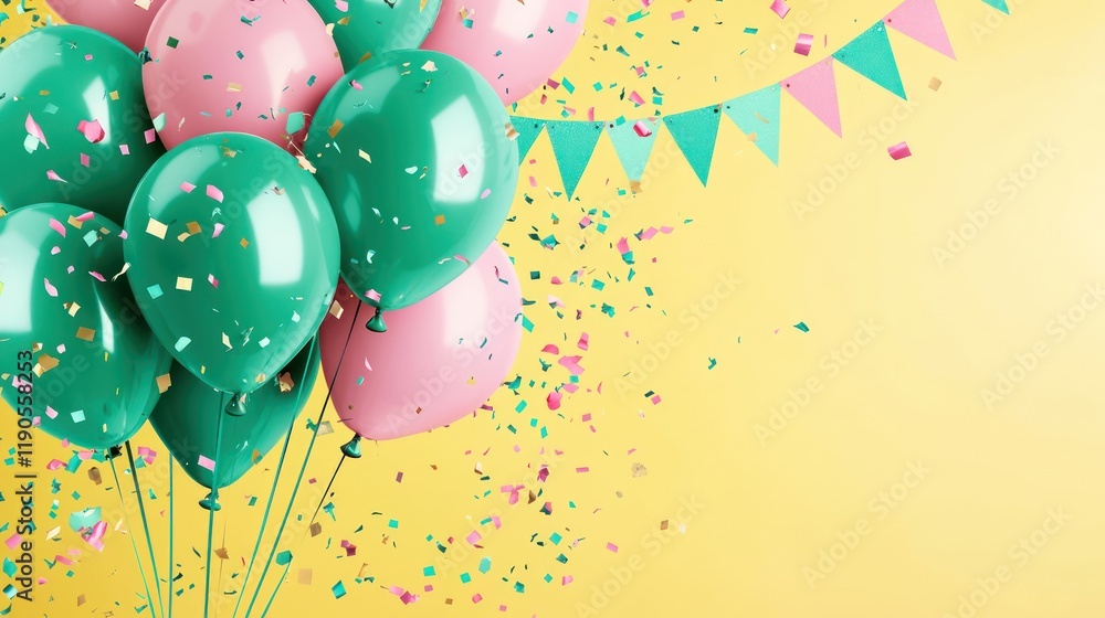 Casual celebration theme with green balloons, pink confetti, and teal flag banners on a sunny yellow background
