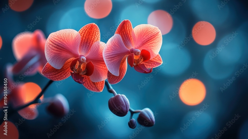 Two peach orchids bloom against a bokeh background. Two peach orchids bloom against a bokeh background.