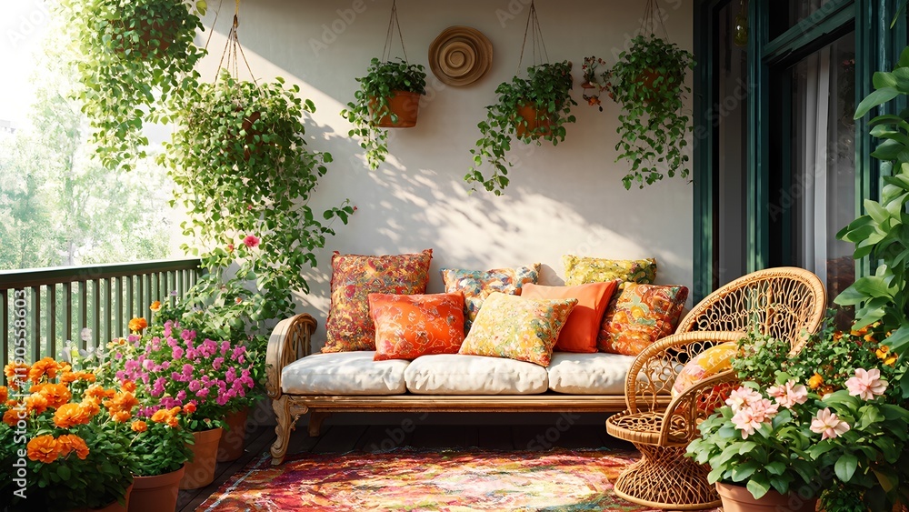 A boho-inspired balcony in spring, with hanging plants, colorful throw pillows, and a rattan chair, surrounded by vibrant flowers in pots, with sunlight casting soft shadows through the leaves. A boho-inspired balcony in spring, with hanging plants, colorful throw pillows, and a rattan chair, surrounded by vibrant flowers in pots, with sunlight casting soft shadows through the leaves.