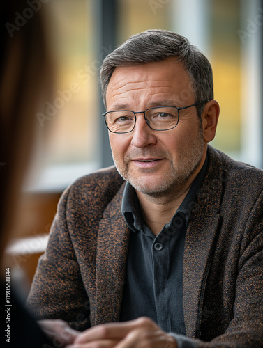 A man talking to a man. At a psychotherapist's. A man in a psychologist's office.