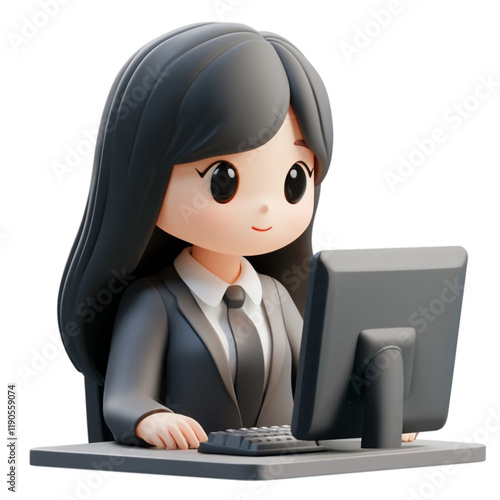 Adorable 3D Render of a Businesswoman Working on Computer photo