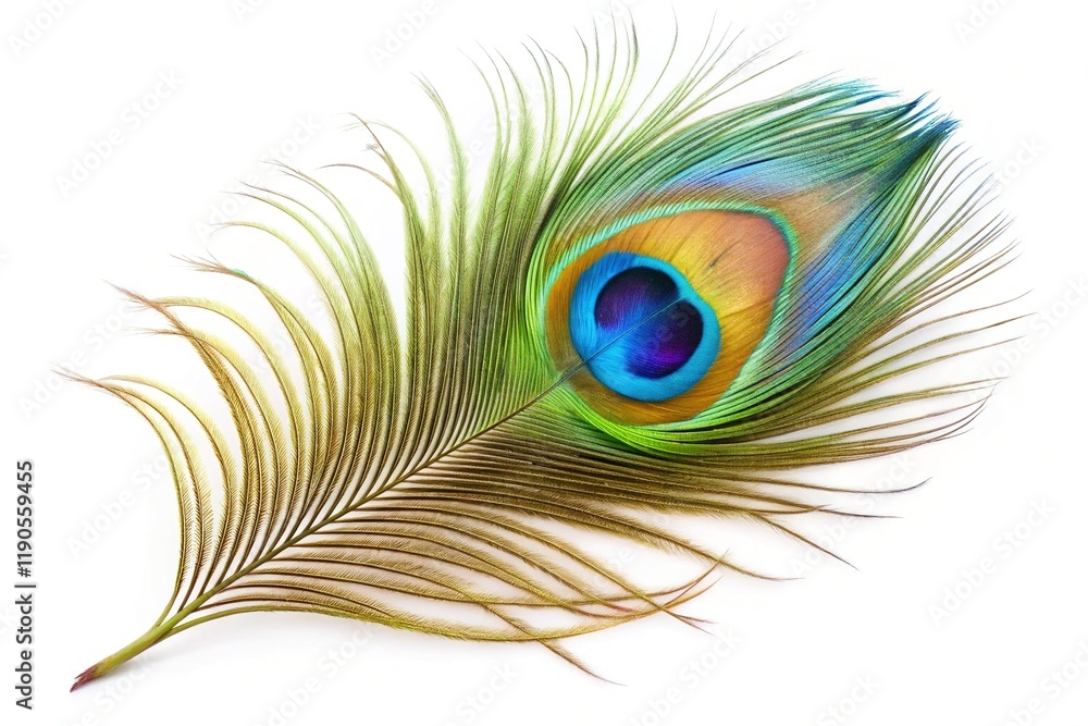 Obraz premium Isolated Peacock Feather, Minimalist White Background Stock Photo