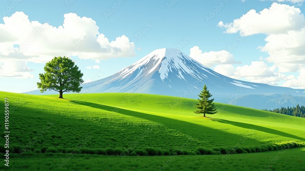 Obraz premium Close-up, eye-level shot capturing a lush green field leading diagonally across the frame to a solitary tree in the foreground, evoking serenity and natural beauty