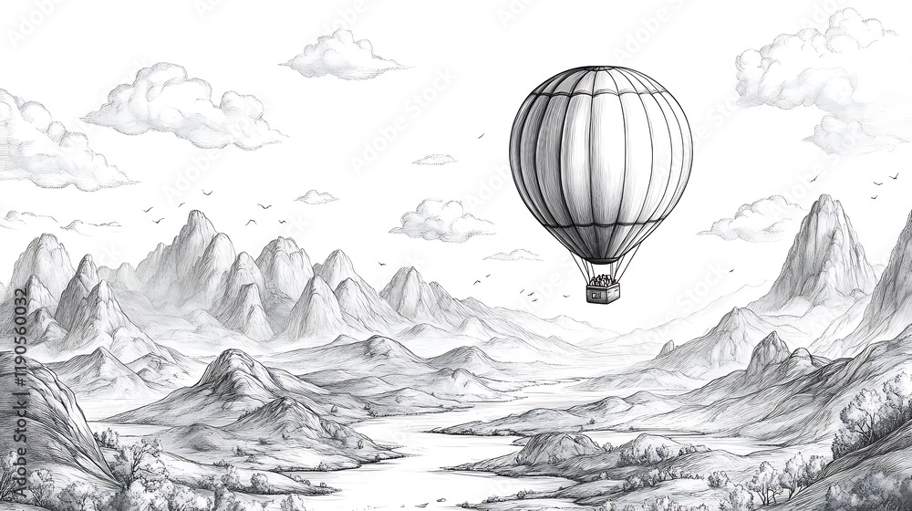 Obraz premium Black and white handdrawn hot air balloon floating over a landscape of mountains and valleys offering fun for kids to color with a plain minimalist background