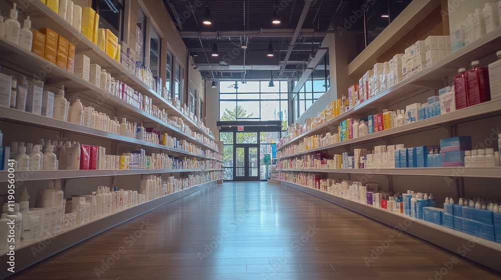 Fototapeta premium Modern pharmacy interior with well-stocked shelves.