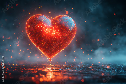 Glowing frame of a red heart-shaped air balloons, on a transparent background highlighted by a combination of blue and black data points


