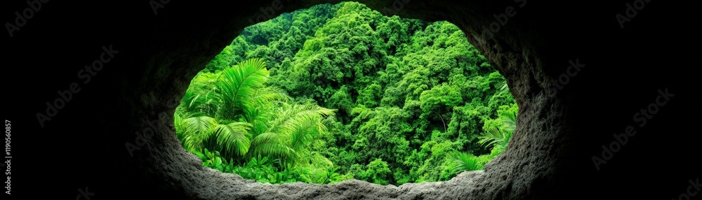 Secret Garden Vista: A circular opening in a dark cave reveals a vibrant, lush green landscape teeming with ferns and foliage, creating a captivating contrast of light and shadow. Secret Garden Vista: A circular opening in a dark cave reveals a vibrant, lush green landscape teeming with ferns and foliage, creating a captivating contrast of light and shadow.