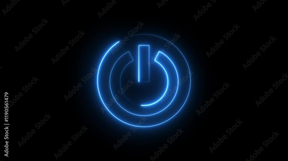 Neon glowing power button icon animated on a black background Neon glowing power button icon animated on a black background