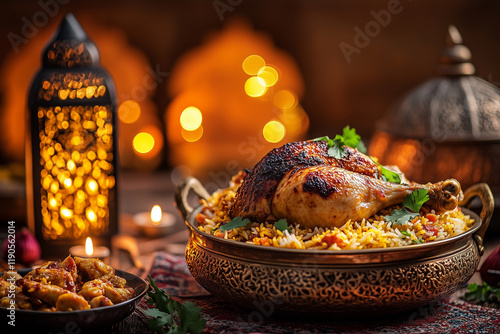 A delicious  ramadan biriyani served in traditional pot. 
Dum biriyani at the time of ramadan with background of ramadan glittering lights. Biriyani neat ramadan lamp.