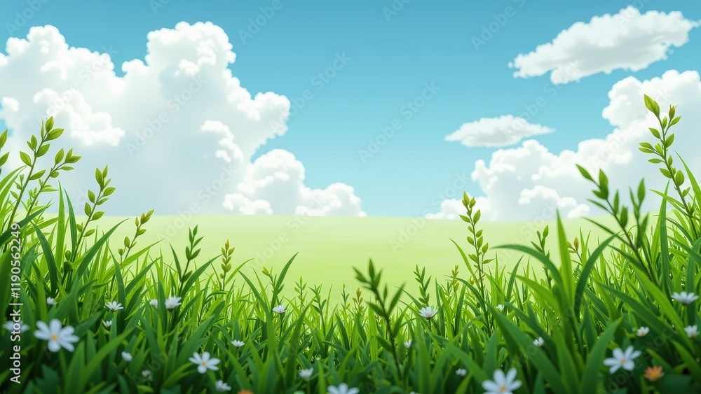 Obraz premium Lush green grass fields dotted with delicate white daisies, framed by a serene sky of soft blue and wispy white clouds, inviting nature's tranquility