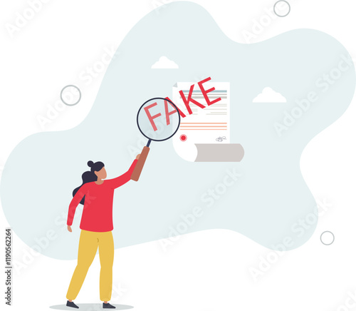 Fake document, wrong information verification or fake news inspection, fraud and illegal reports concept.flat characters.
