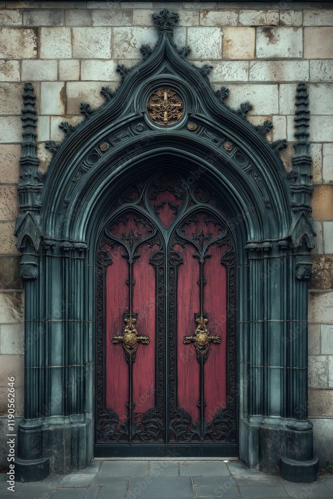 Entrance of a medieval church. Gothic architecture. Intricate details. Created with Generative AI technology Entrance of a medieval church. Gothic architecture. Intricate details. Created with Generative AI technology