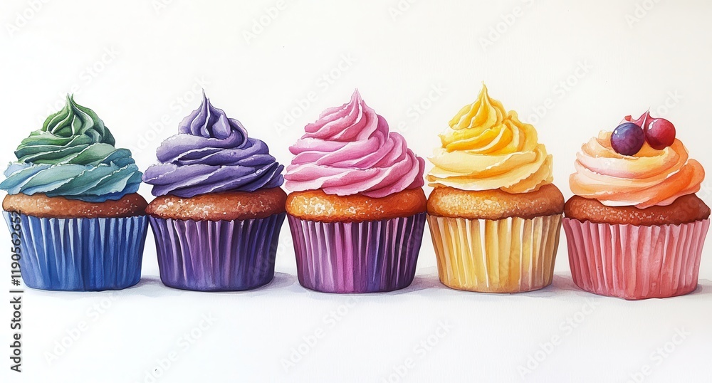 Colorful Cupcakes Displaying Vibrant Frosting in Various Shades of Blue, Purple, Pink, Yellow, and Orange on a Simple White Background Colorful Cupcakes Displaying Vibrant Frosting in Various Shades of Blue, Purple, Pink, Yellow, and Orange on a Simple White Background