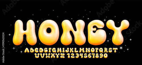 Glossy honey bubble font. Inflated alphabet, 3D yellow ballon letters and numbers. Vector set	
